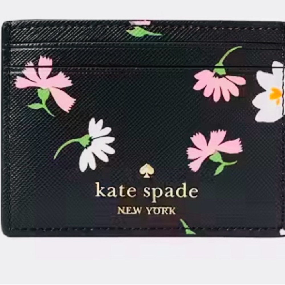 NWT Kate Spade Black and Pink Card Holder with Floral Design